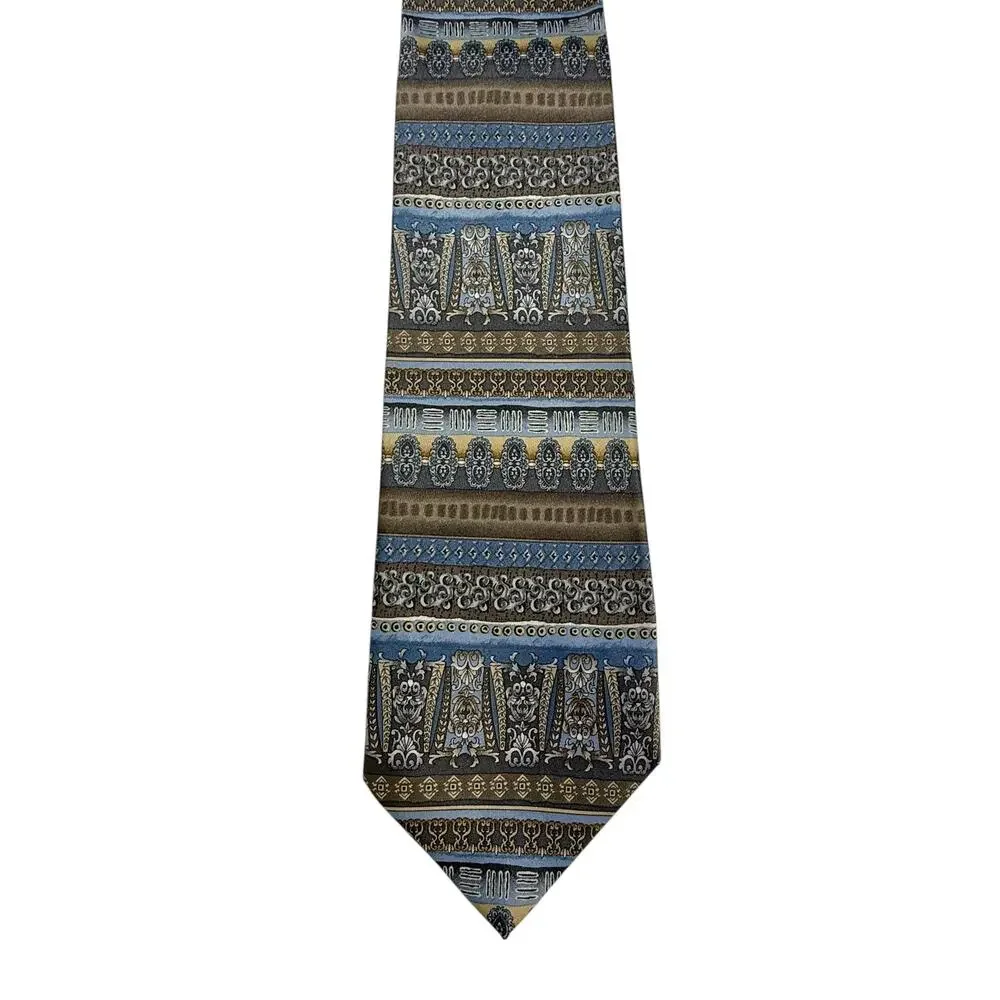 Rene Chagal Handmade Baroque Stripe Tie Blue Gray‎ Taupe Gold Ornate Classic